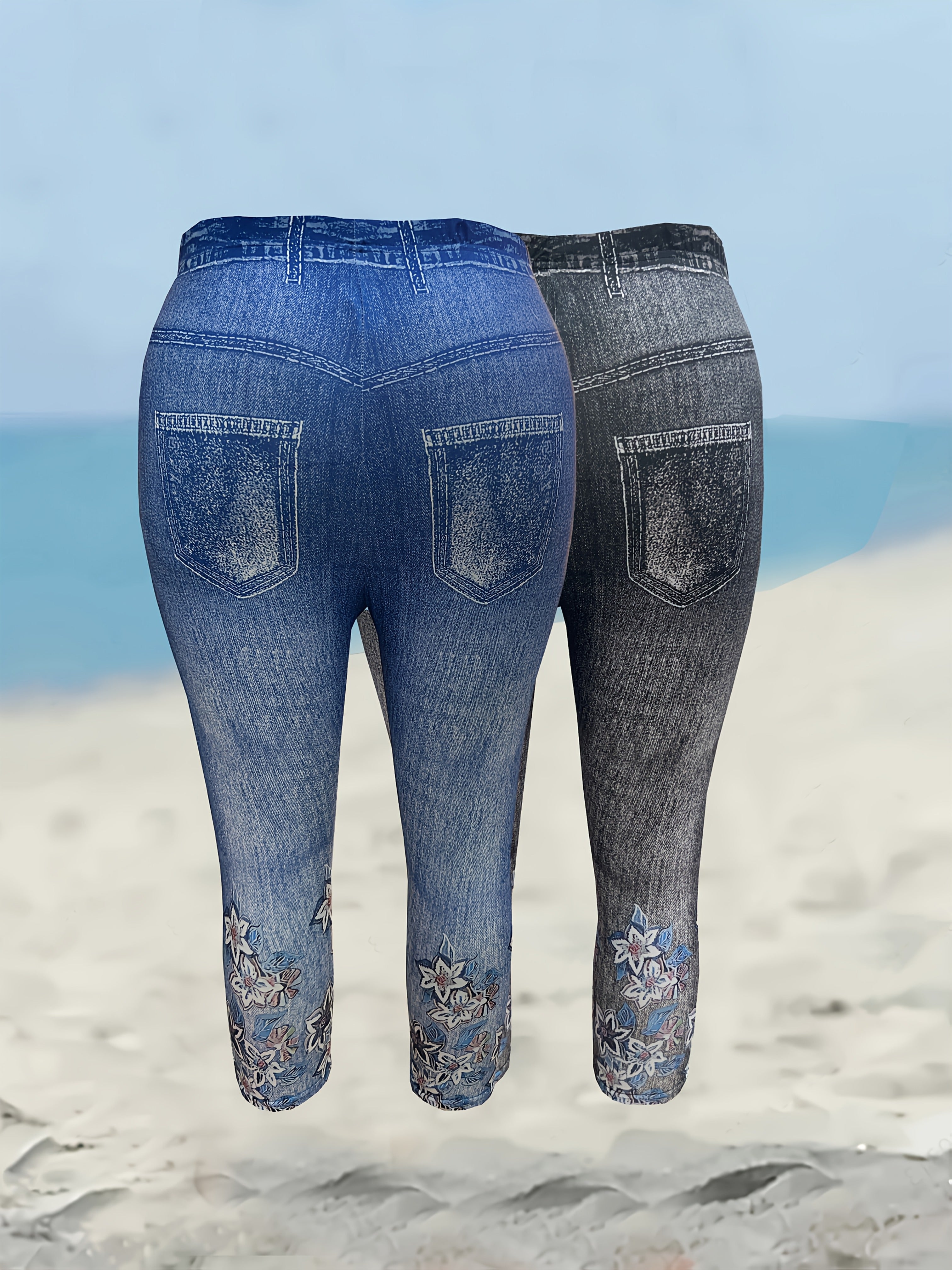 Women's Plus Size Floral Print Stretch Capris Blue Black Elastic Waist Summer Casual