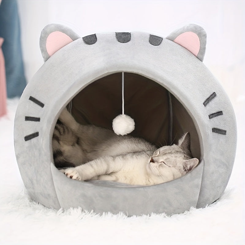 Gray Hooded Cat Bed with Pink Ears, Soft Interior, Washable Cushion