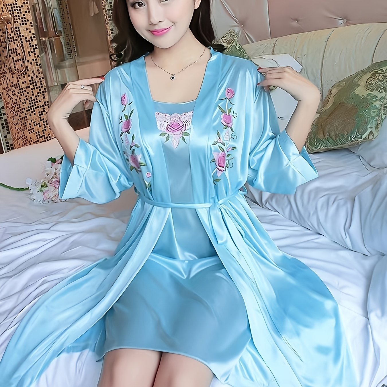 Women's Satin Nightgown Set with Suspenders and Embroidered Solid Color Pajama Sleepwear