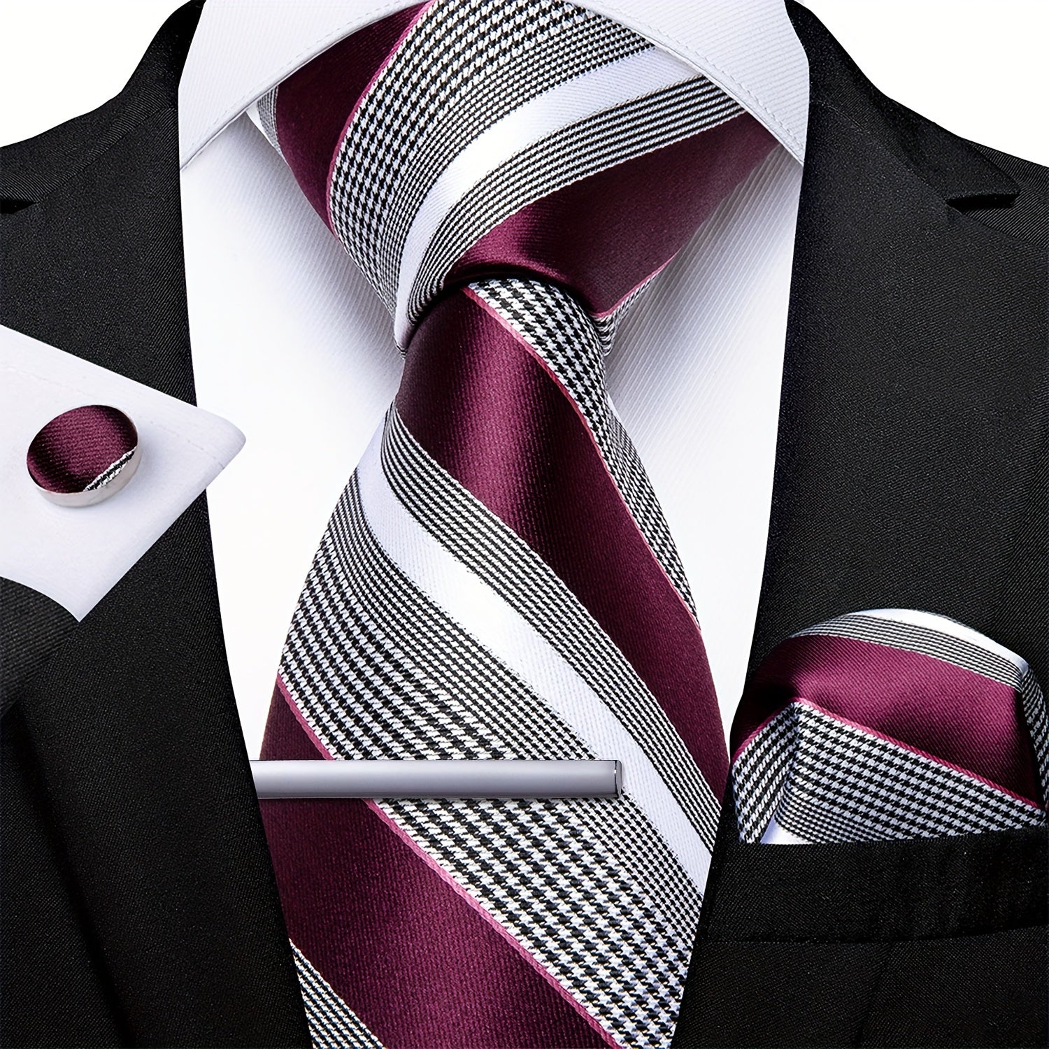 Men's Accessories Set 5 Pieces Tie Cufflinks Handkerchief Pocket Square for Wedding Business Party