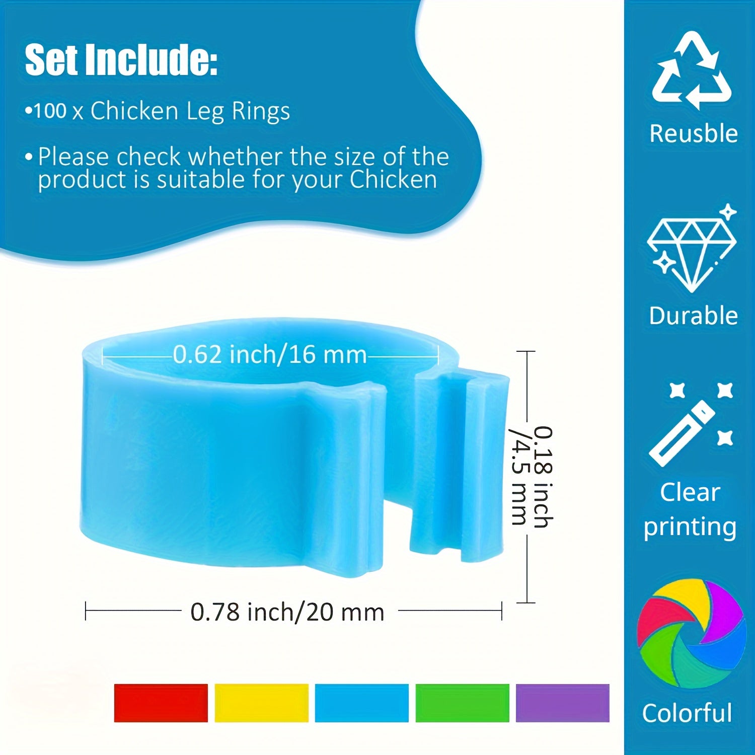 100 Pack Poultry Leg Bands in 5 Colors for Chickens Ducks and Geese