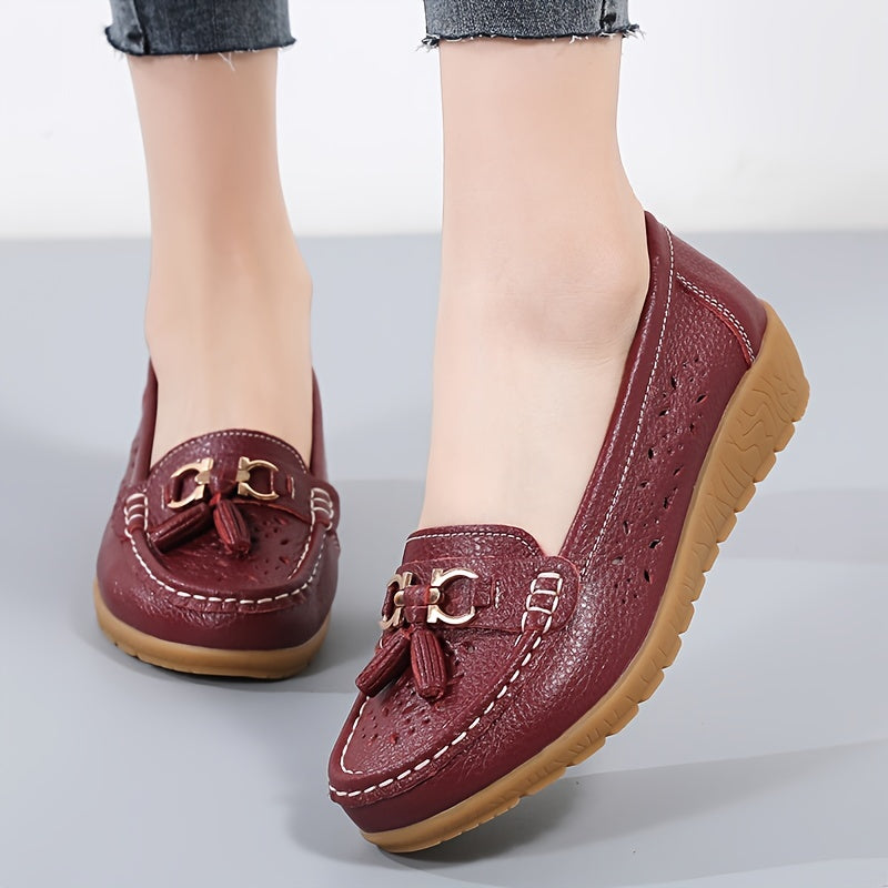Women's Hollow Out Leather Loafers Flat Slip-On Shoes for Breathability