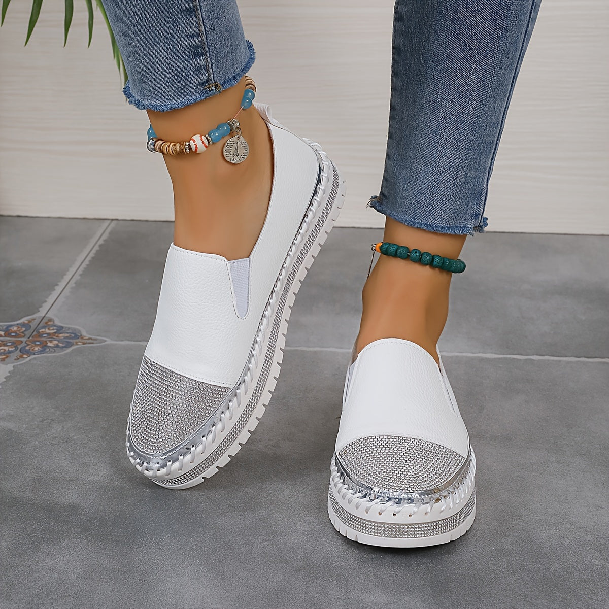 Women's Glitter Flats, Solid Color Slip-On Loafers, Comfortable Platform Shoes