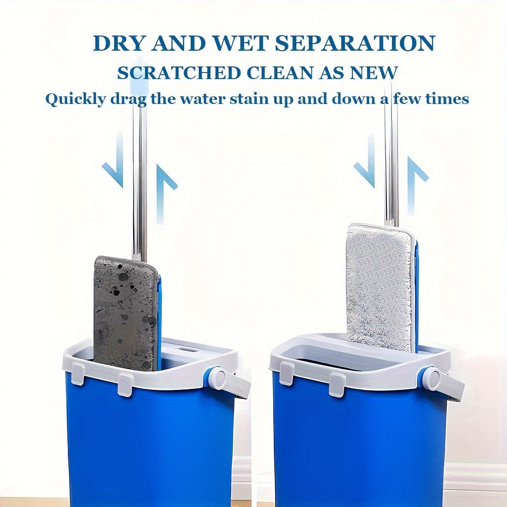 "Tekis Mop va Chelak To'plamini qo'lga oling, qulay siqish mexanizmi bilan oson tozalash uchun. Ushbu 2-in-1 tizimi quruq va nam tozalash uchun mukammal, qayta ishlatiladigan mikroto'qimalar yostiqlari laminat, yog'och va plitka pollarga yumshoqdir. Yo'q"