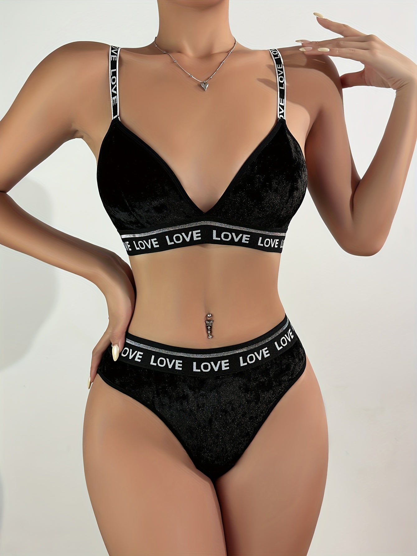 Women's Lingerie Set with Letter Strap Detail Polyester Blend Solid Color No Padding Bra Mid-Rise Briefs Comfortable Knit Fabric
