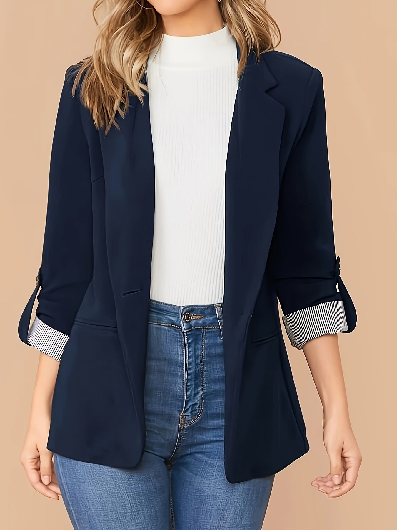 Women's Striped Knit Blazer with Lapel Collar and Color Block Details for Spring Fall