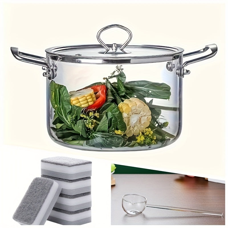 Olla de sopa de vidrio de borosilicato con mangos de acero inoxidable 2.5L-5.5L con set de esponja y paño