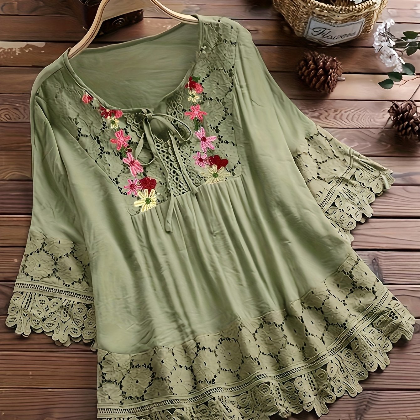 Women's Long Sleeve Shirt with Embroidered Lace Trim Crew Neck Cotton Blend Casual Spring Fall