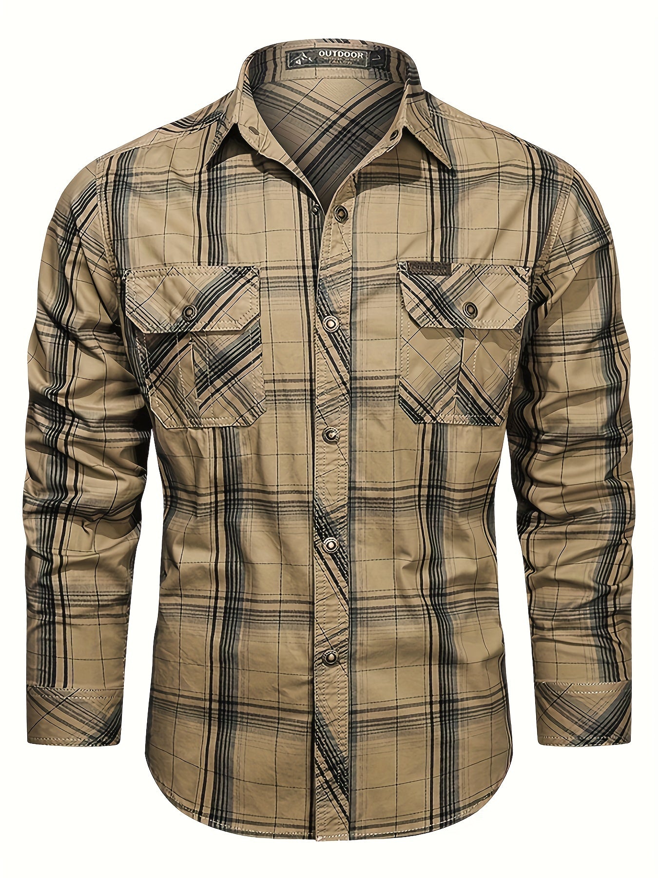 Men's Vintage Cotton Plaid Shirt Long Sleeve Lapel Collar Pockets Solid Color Regular Fit