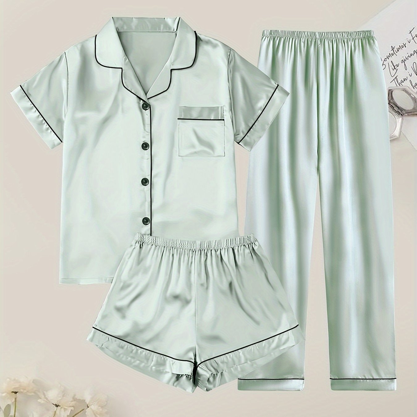 Women's Satin Pajama Set Short Sleeve Button Top Shorts or Pants Casual Sleepwear