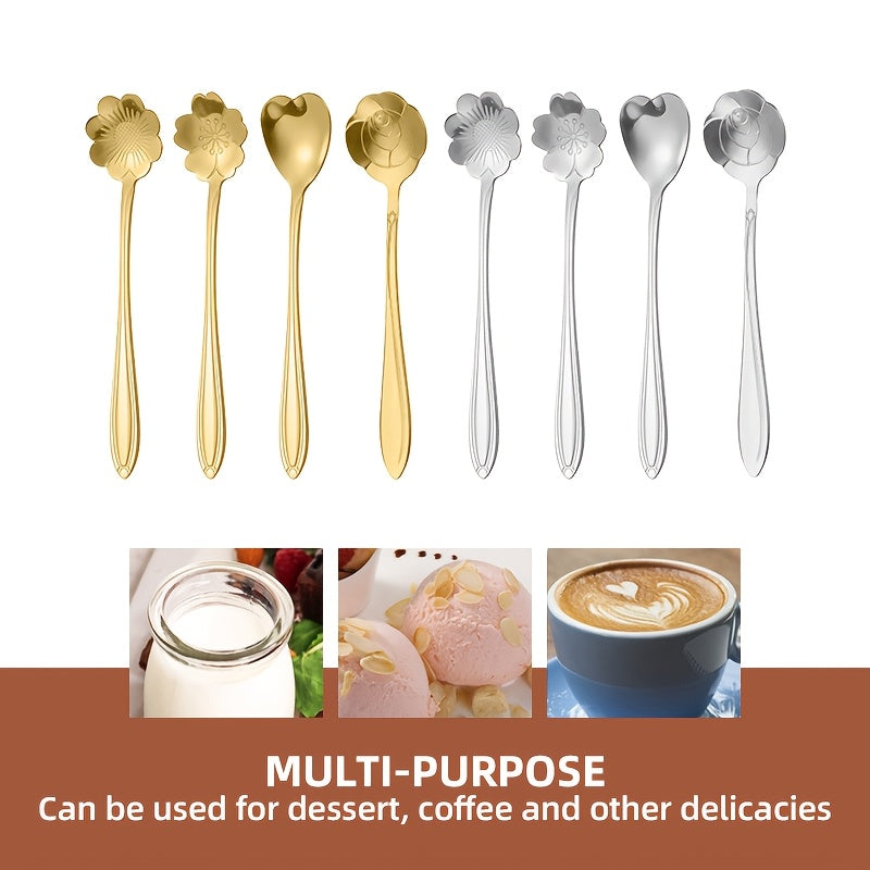 Set of 8 Stainless Steel Coffee Spoons with Flower Pattern for Coffee and Dessert