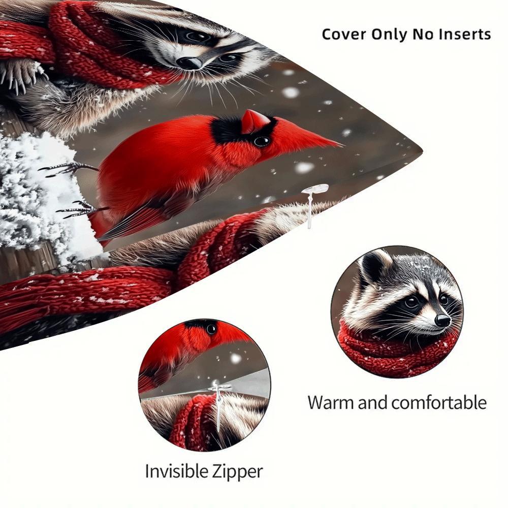 Decorative Raccoon and Cardinal Throw Pillow Cover Polyester Cartoon Style Machine Washable