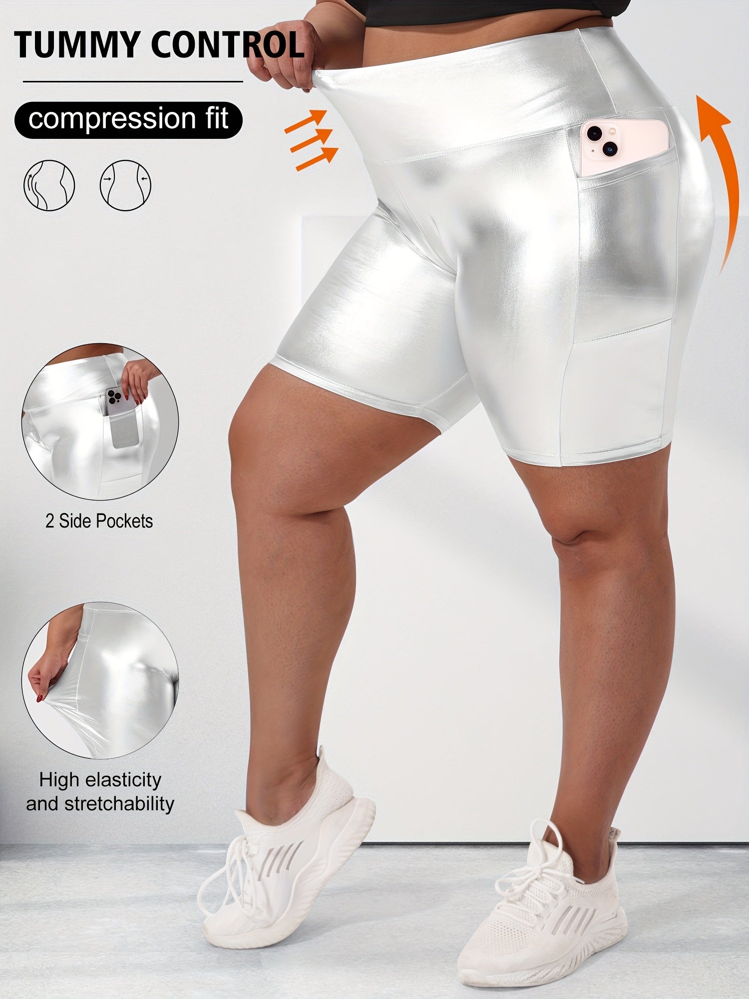 Plus Size High-Waisted Gold Foil Side Pocket Shorts Summer Style