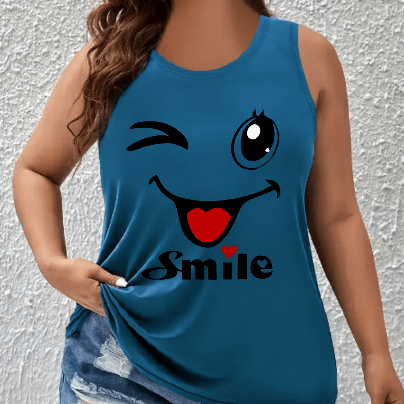 Plus Size Women's Cotton Tank Top Smile Graphic Sleeveless Shirt Summer Casual
