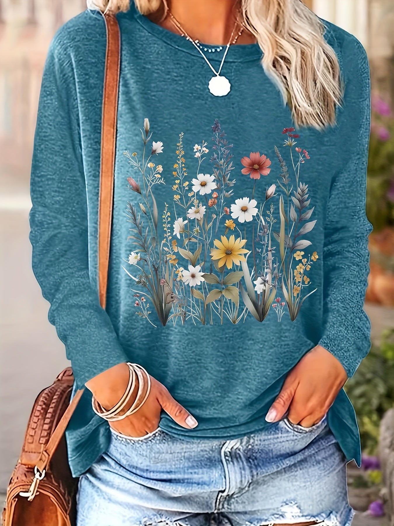Women's Plus Size Floral Print Long Sleeve T-Shirt for Spring Fall