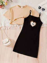 Girls' Casual Outfit with Heart Pattern Cami Dress and High-Low Top for Outdoor Activities