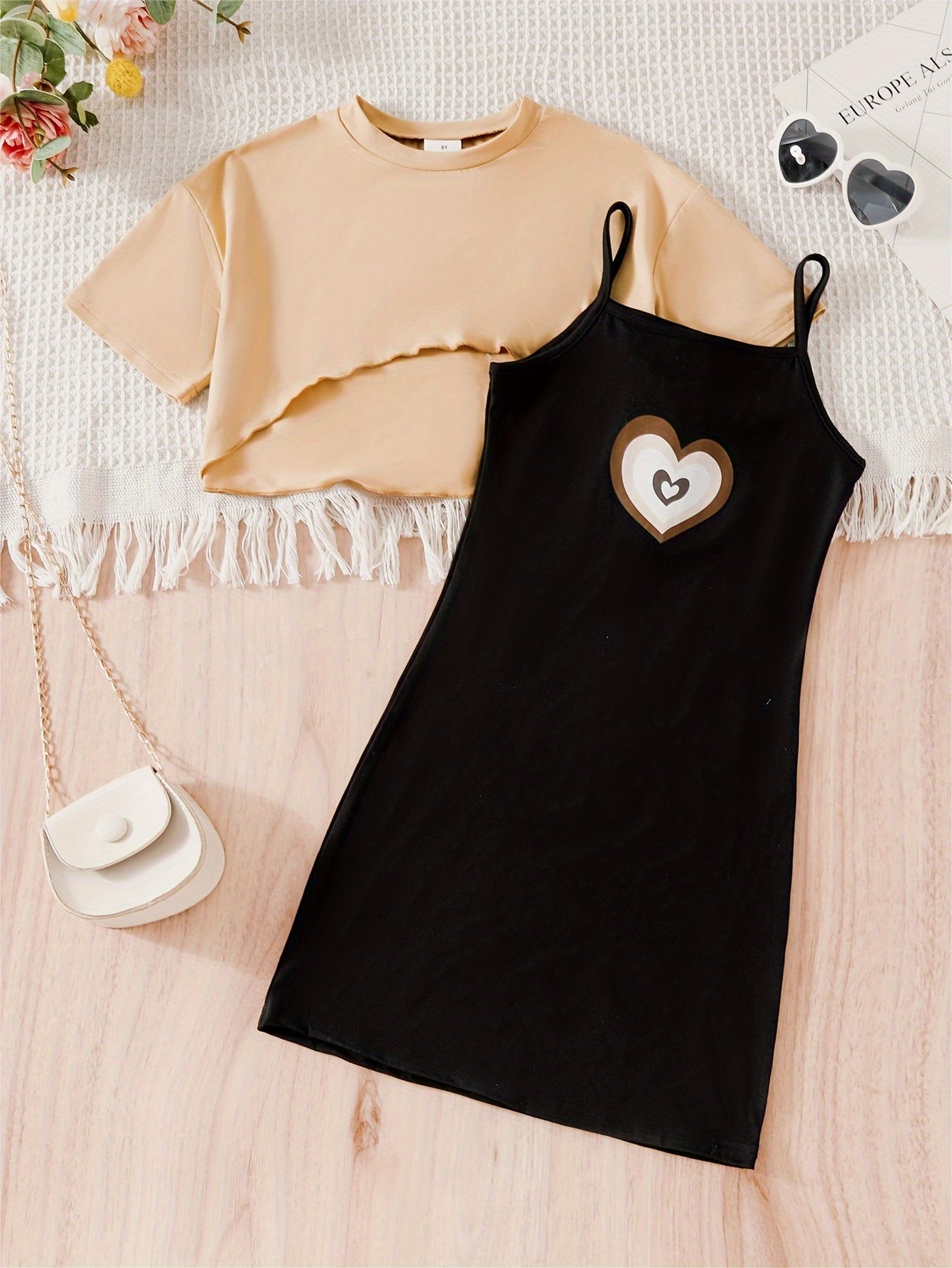Girls' Casual Outfit with Heart Pattern Cami Dress and High-Low Top for Outdoor Activities