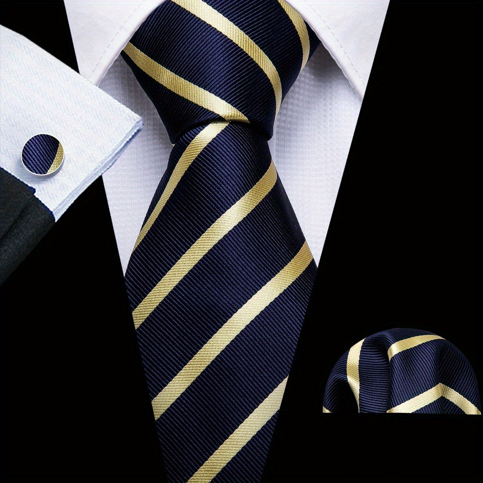 Men's Classic Striped Tie Set with Matching Handkerchief and Cufflinks for Formal and Casual Wear