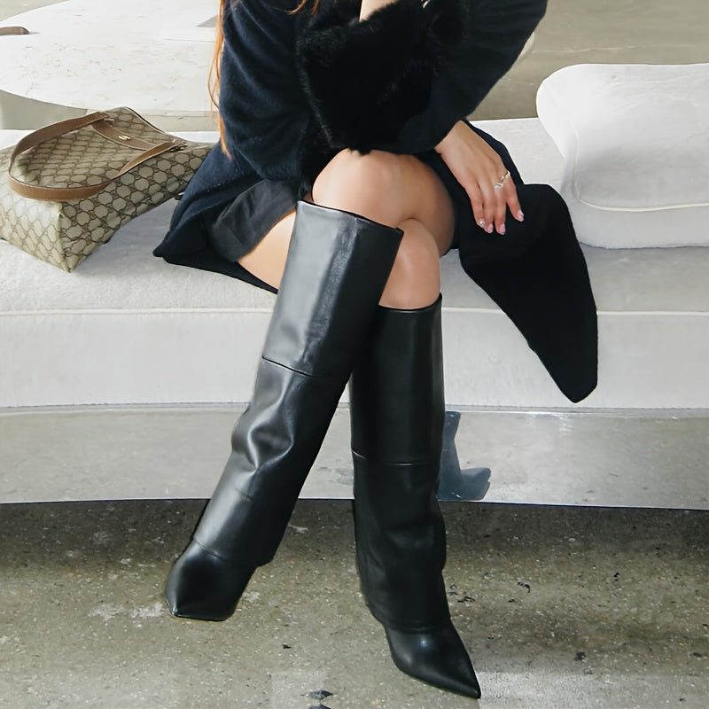 Women's Faux Leather Black Pointed Toe Knee-High Heel Boots for Dress & Casual