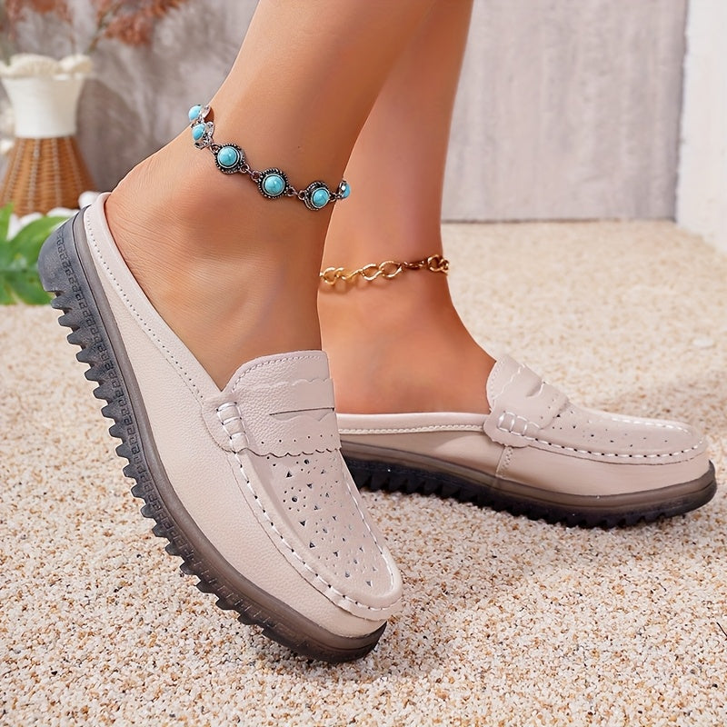 Women’s Solid Color Mules Flat Slip-On Shoes Perforated Non-Slip Casual