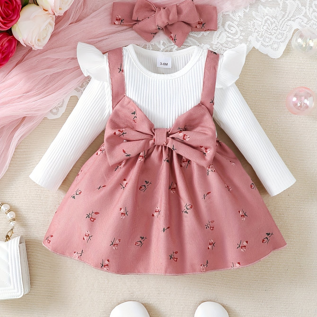 Baby Girl Floral Dress with Flared Sleeves and Bow, Polyester, Spring Summer