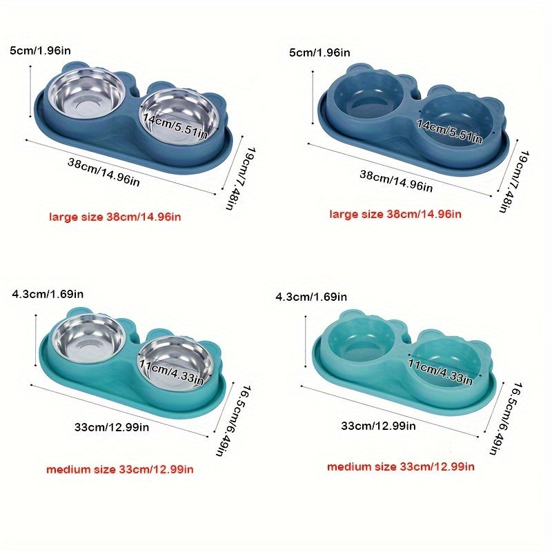 Stainless Steel Double Dog Bowls Set on Spill-Proof Stand for Drinking and Feeding