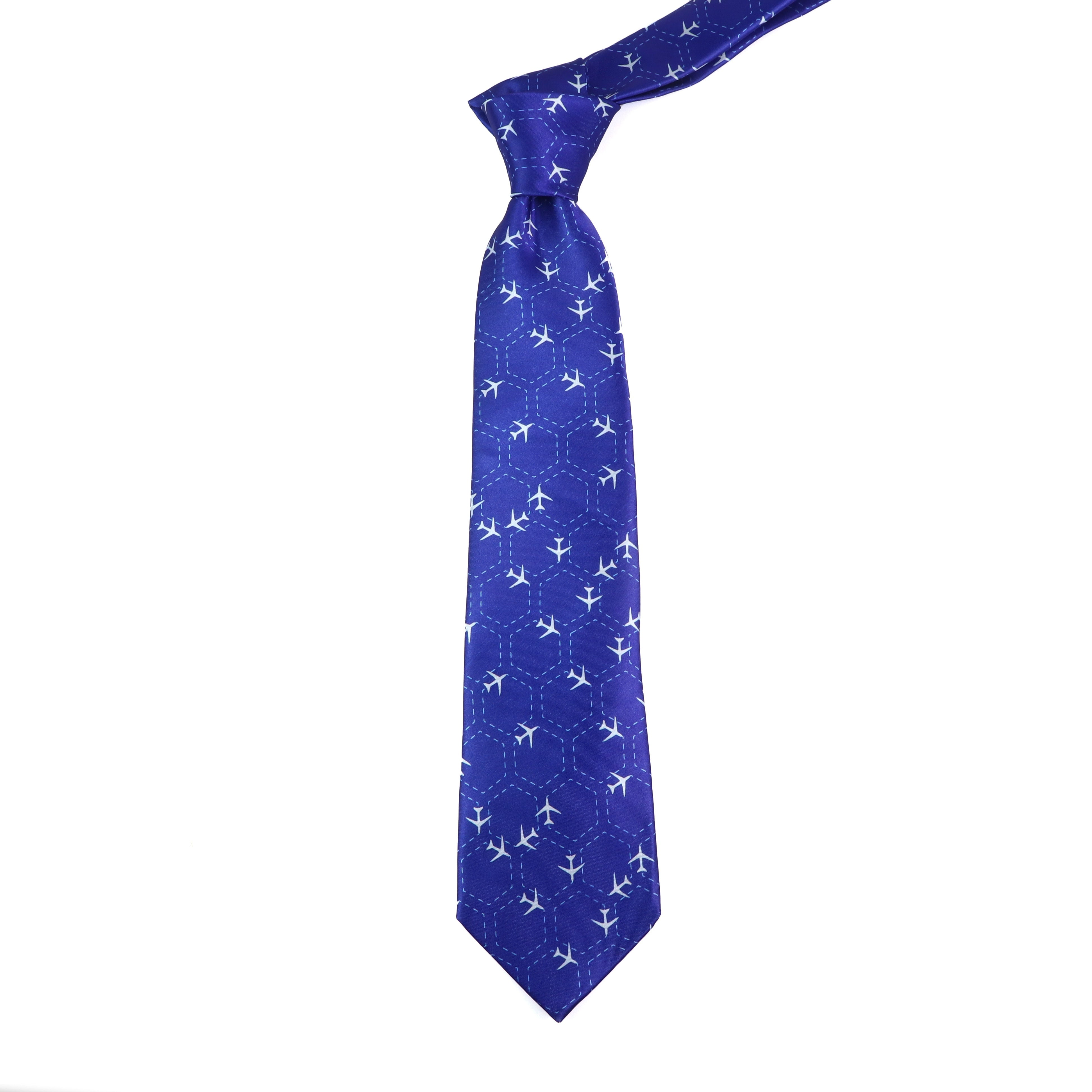 Silk-Like Printed Tie with Airplanes Planets Symbols Musical Notes Footballs for School Work Party