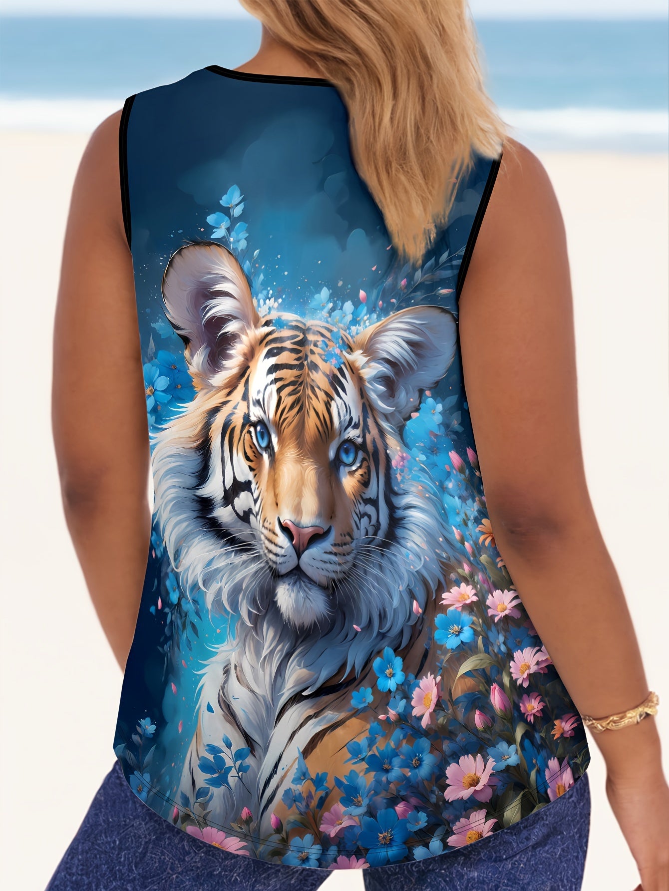 Women's Plus Size Tiger Print Tank Top Sleeveless Summer Casual Crew Neck