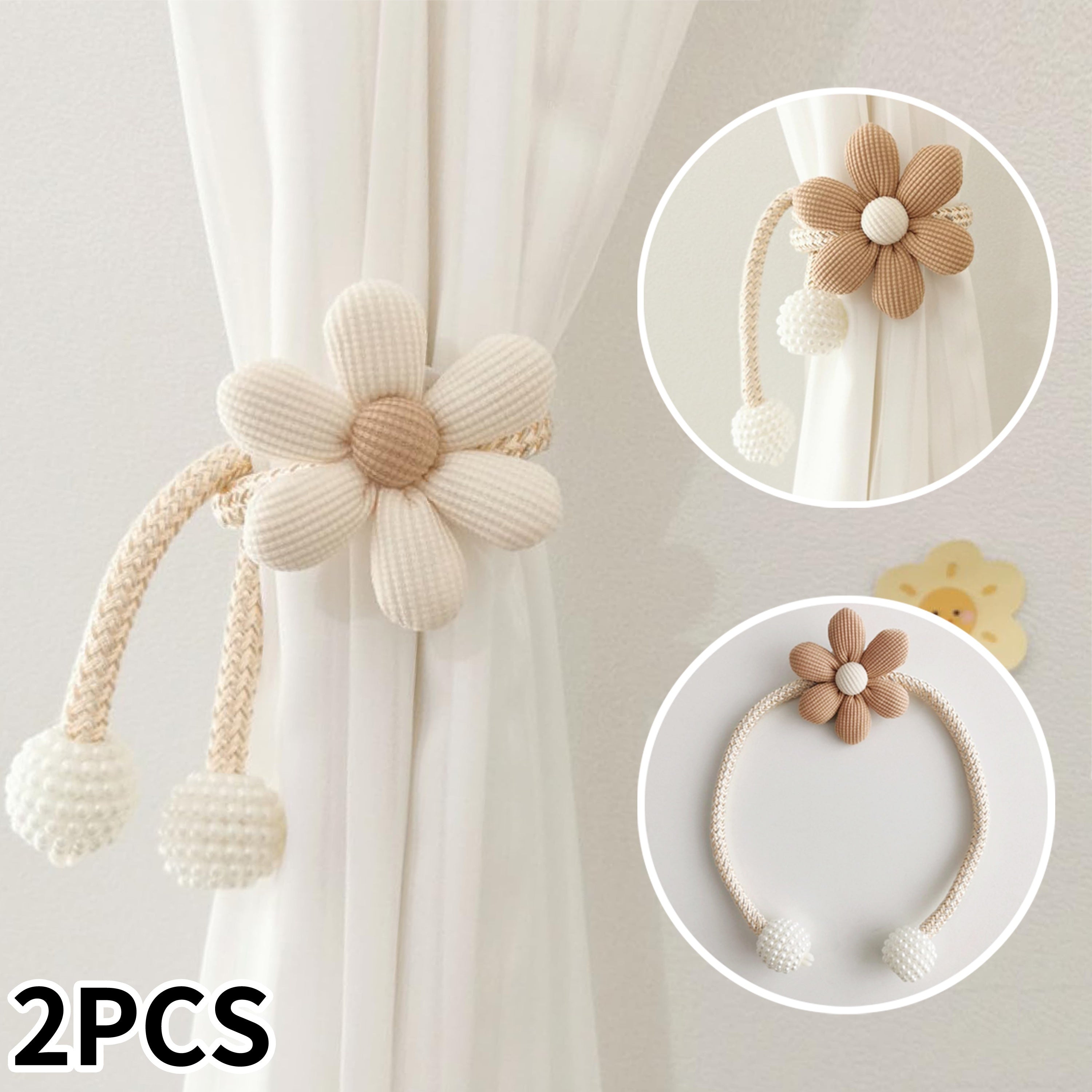 Set of Two Curtain Tiebacks with Cartoon Flowers and Faux Pearls for Bedrooms and Living Rooms