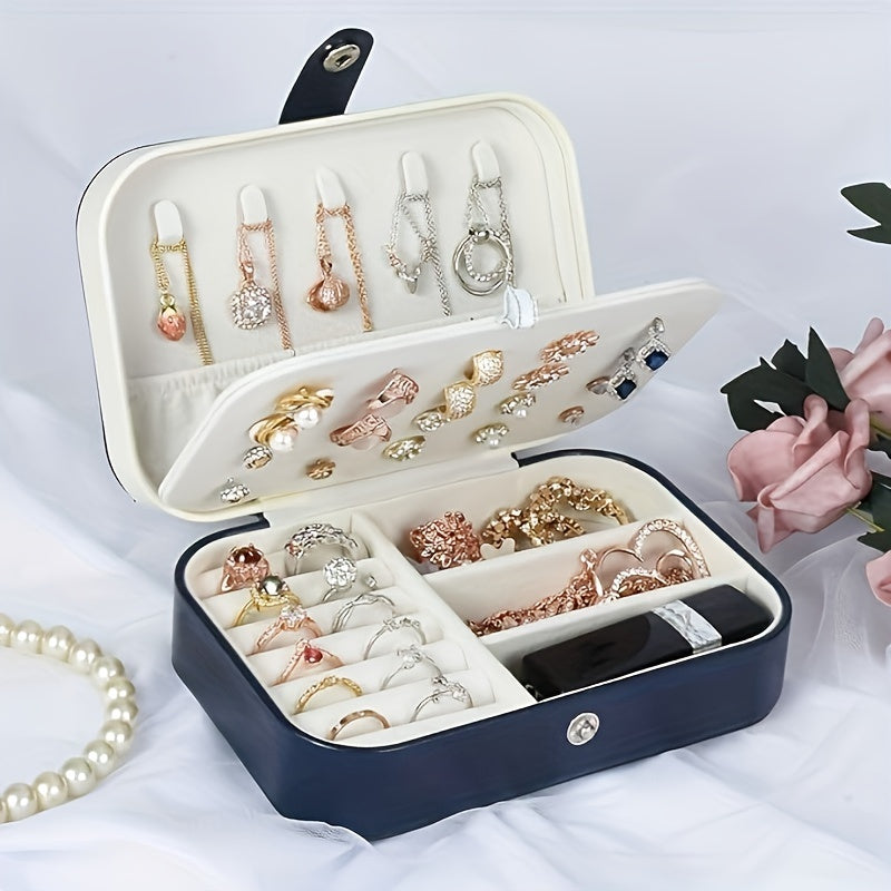 Caja portátil de cuero para organizar joyas para pendientes, collares y anillos