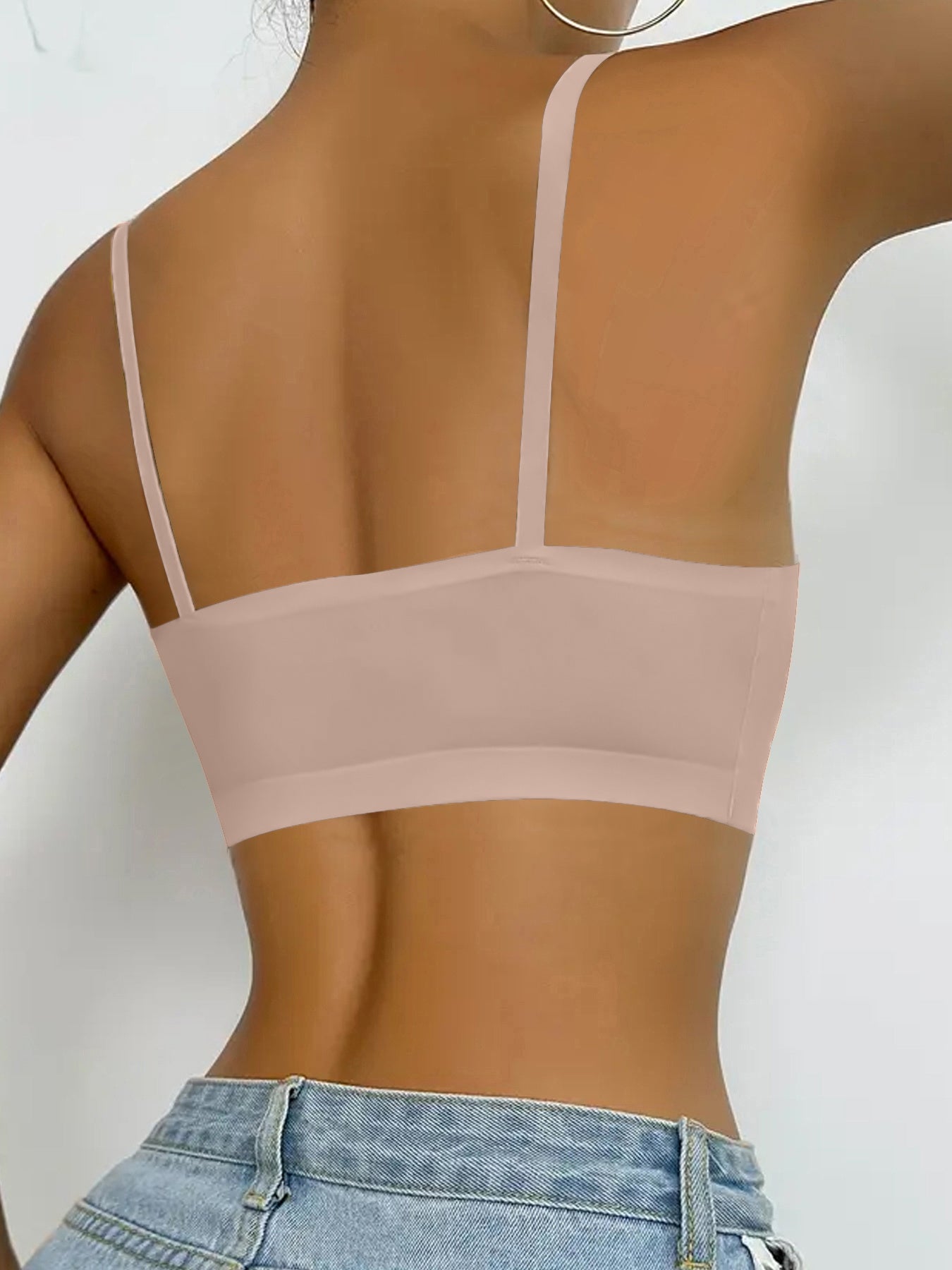 Plus o'lchamli uzluksiz sport brasi yumshoq pushti V-shaklli bo'yinli to'liq qamrov olib tashlanadigan padlar