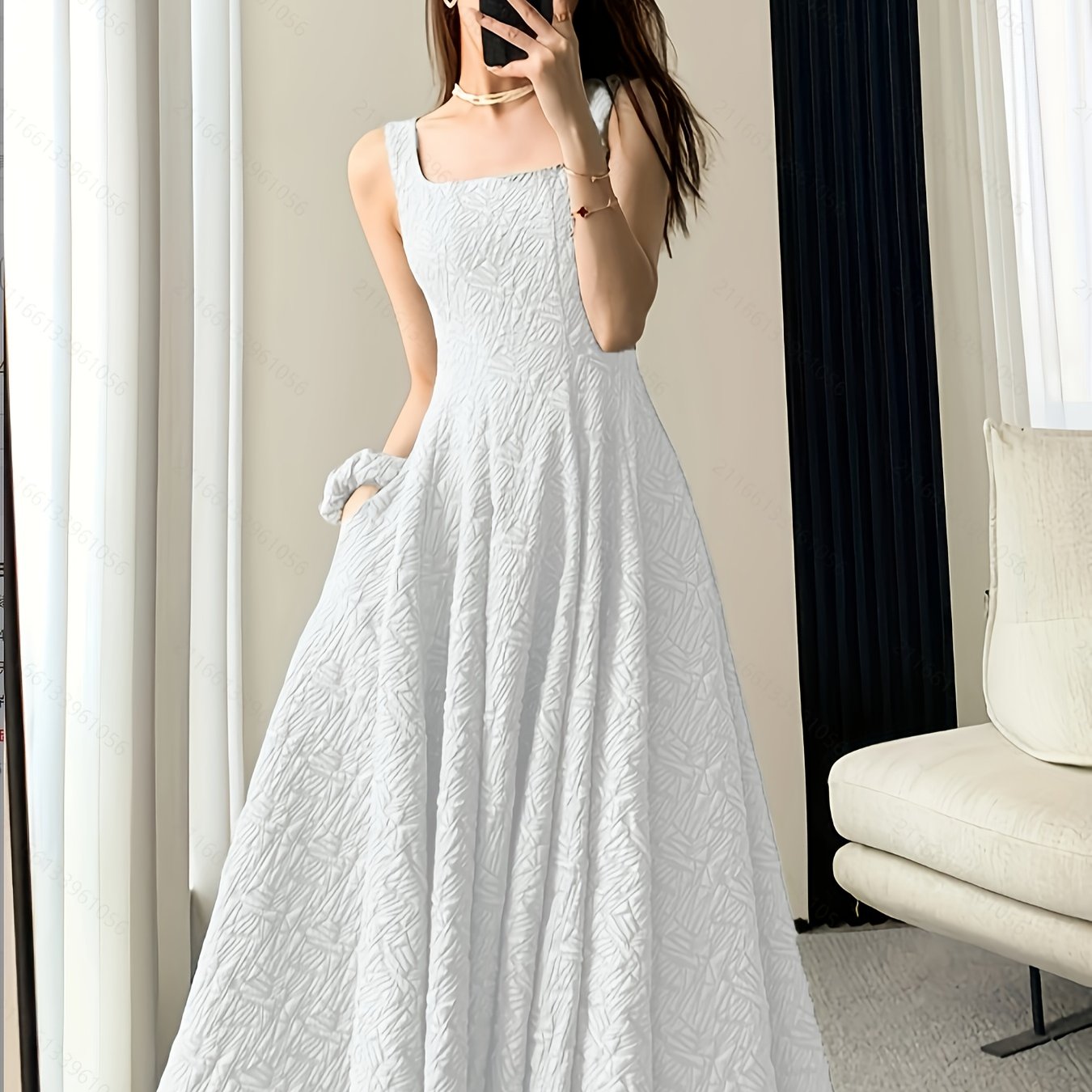 Adult Jacquard Square Neck Flared Dress Solid Polyester Spring Summer