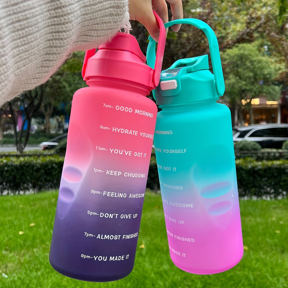 Gradient Color 2000ML Leakproof Sports Water Bottle with Time Mark Hydration Reminder