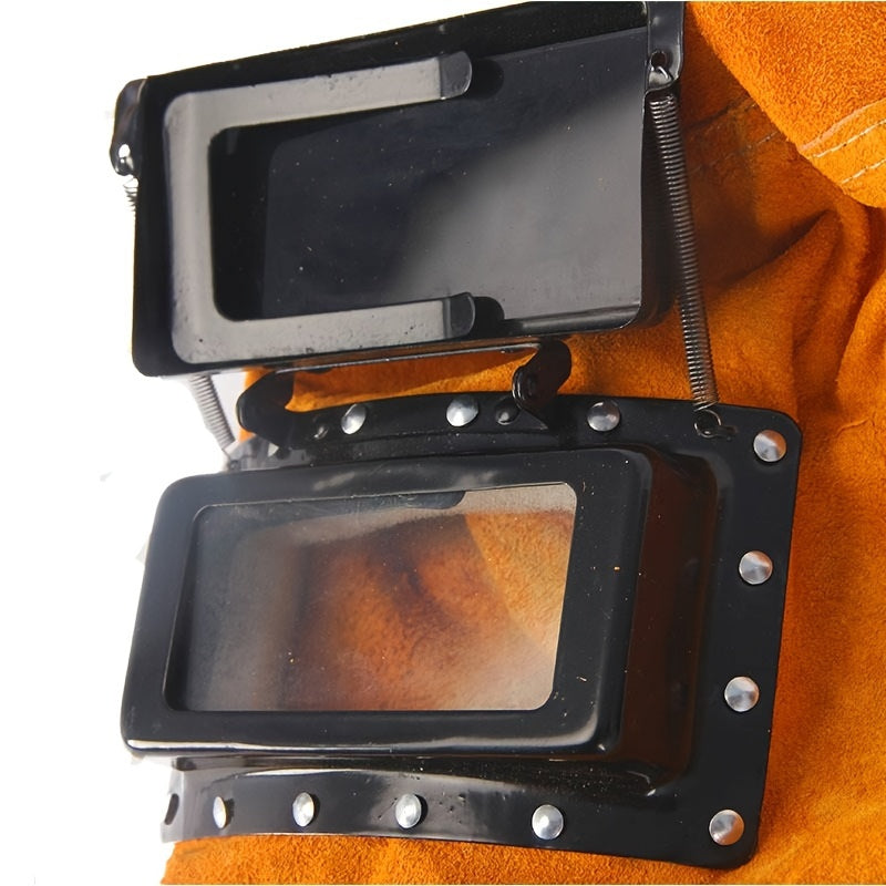 Sanoat foydalanishi uchun avtomatik qoraytiriladigan filtr linzasi, sun'iy charm kapyushon va shaffof ko'rish oynasi bilan apelsin rangli payvandlash shlemi.