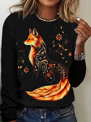 Women's Long Sleeve T-Shirt Easy-Care Floral Fox Print Spring Fall Top
