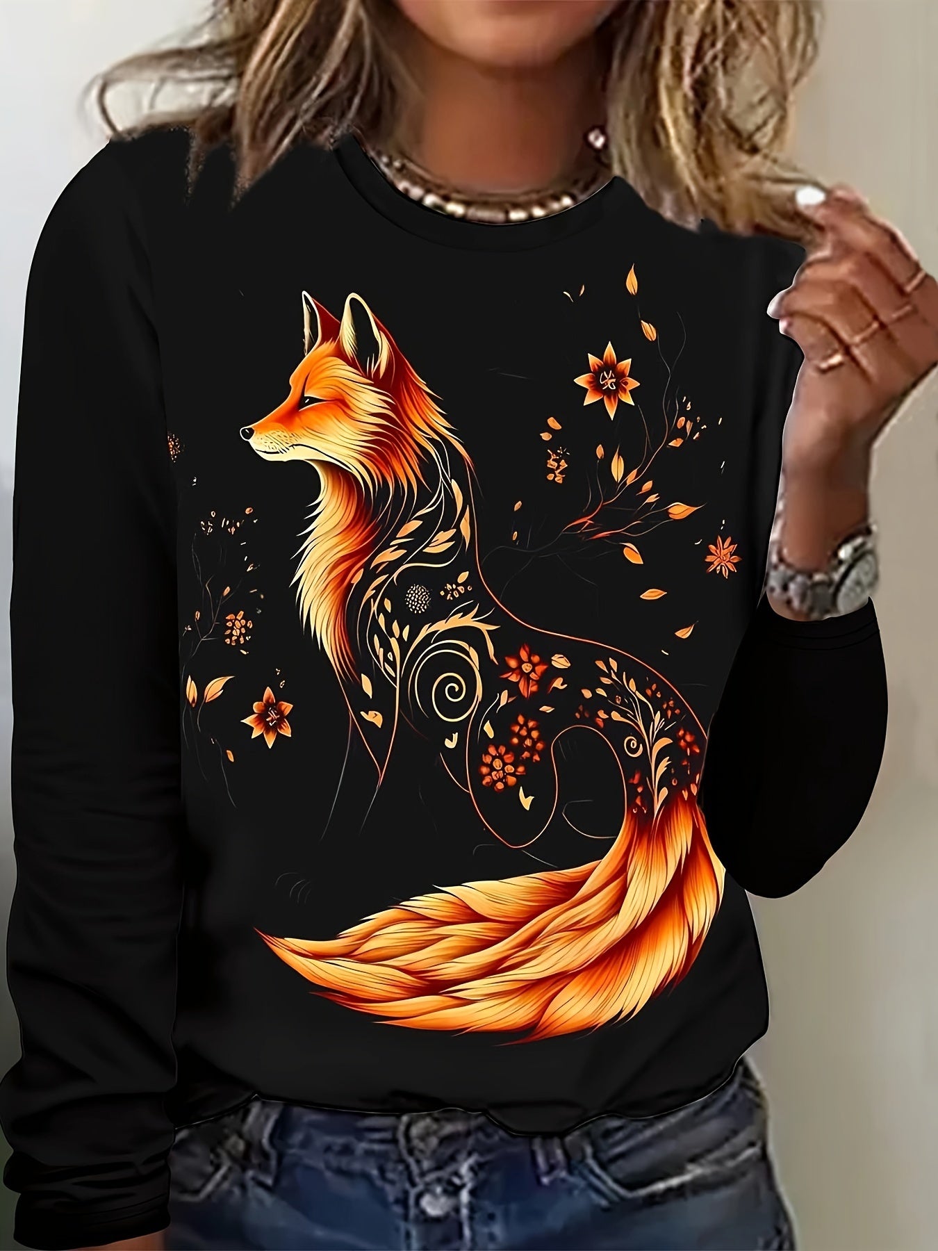 Women's Long Sleeve T-Shirt Easy-Care Floral Fox Print Spring Fall Top