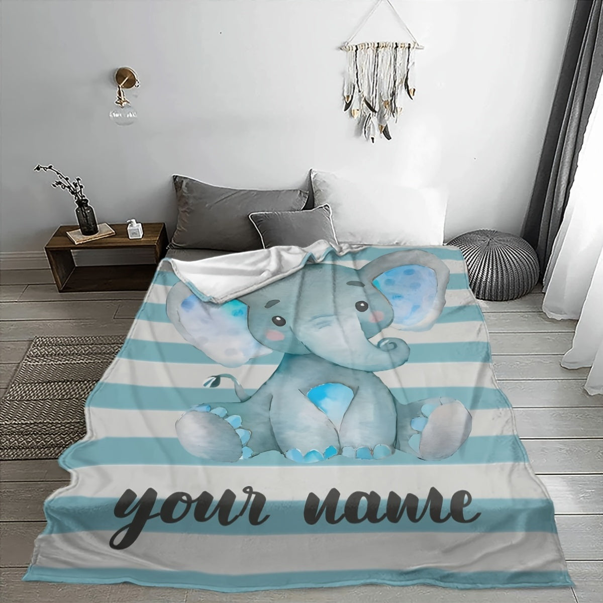 Fleece Throw Blanket with Custom Cartoon Elephant Design All-Season Cozy Polyester 200-250g