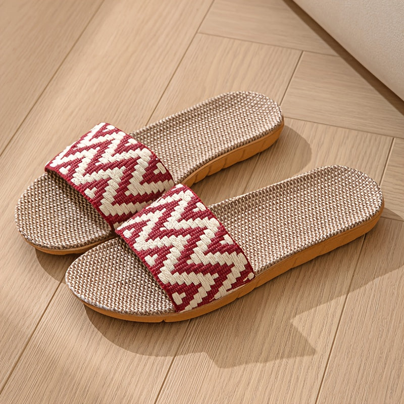 Unisex Linen Slip-On Slippers with Chevron Pattern Non-Slip EVA Sole