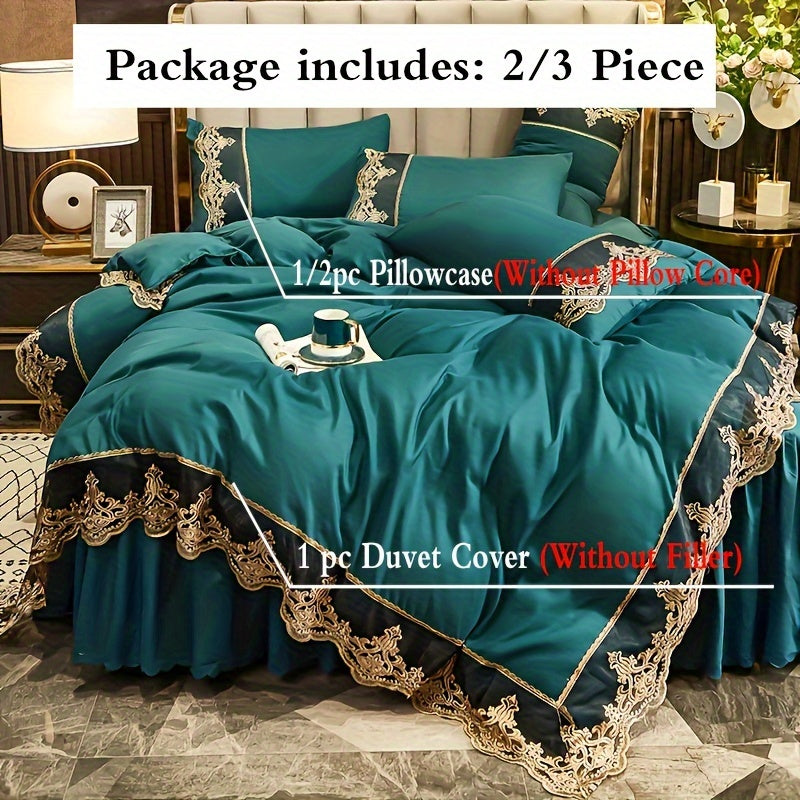 Green Lace Bedding Set with Quilt Cover and Pillowcases Solid Color All-Season Polyester
