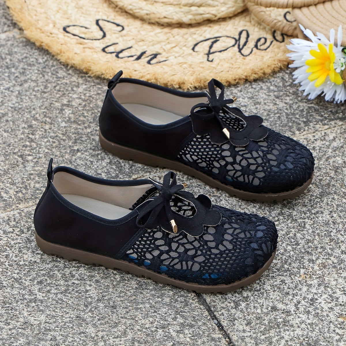 Women's Breathable Mesh Summer Shoes Openwork Slip-On Black Casual Footwear