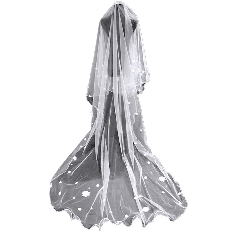 Elegant Bridal Veil with Heart-Shaped Flower Accents Long Tulle Wedding Veil with Yarn Fringe and Starry Sky Design