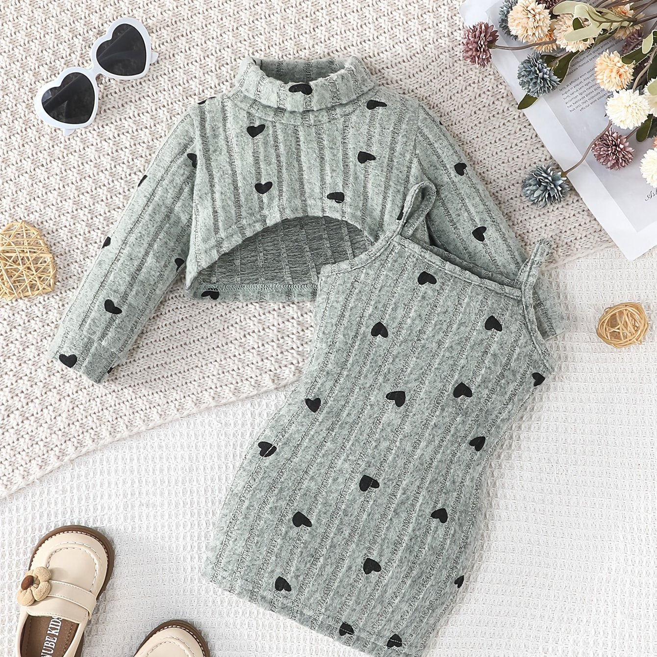 Baby Girl Outfit Set Rib Knit Dress with Geometric Pattern Long Sleeve Top and Slim Fit Camisole Dress for Spring Fall