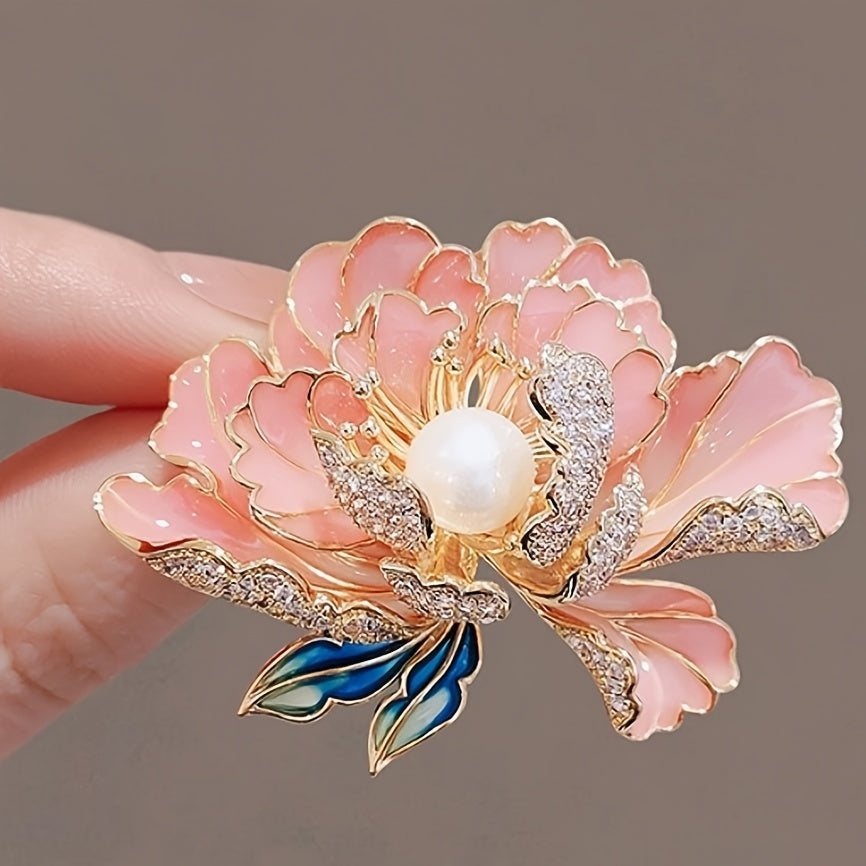 Elegant Enamel Peony Brooch for Women Faux Pearl Floral Pin Accessory