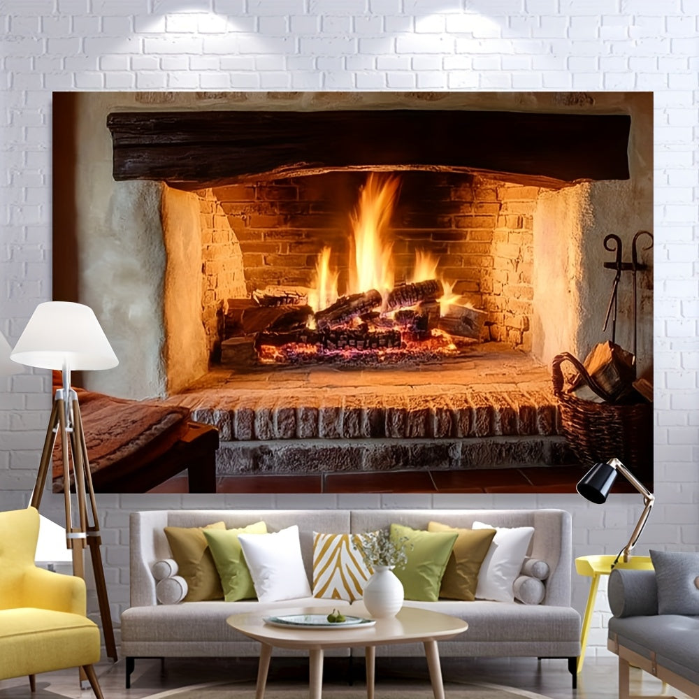 Polyester Fireplace Backdrop Cloth for Home Decor, Wood Burning Scene, All Seasons