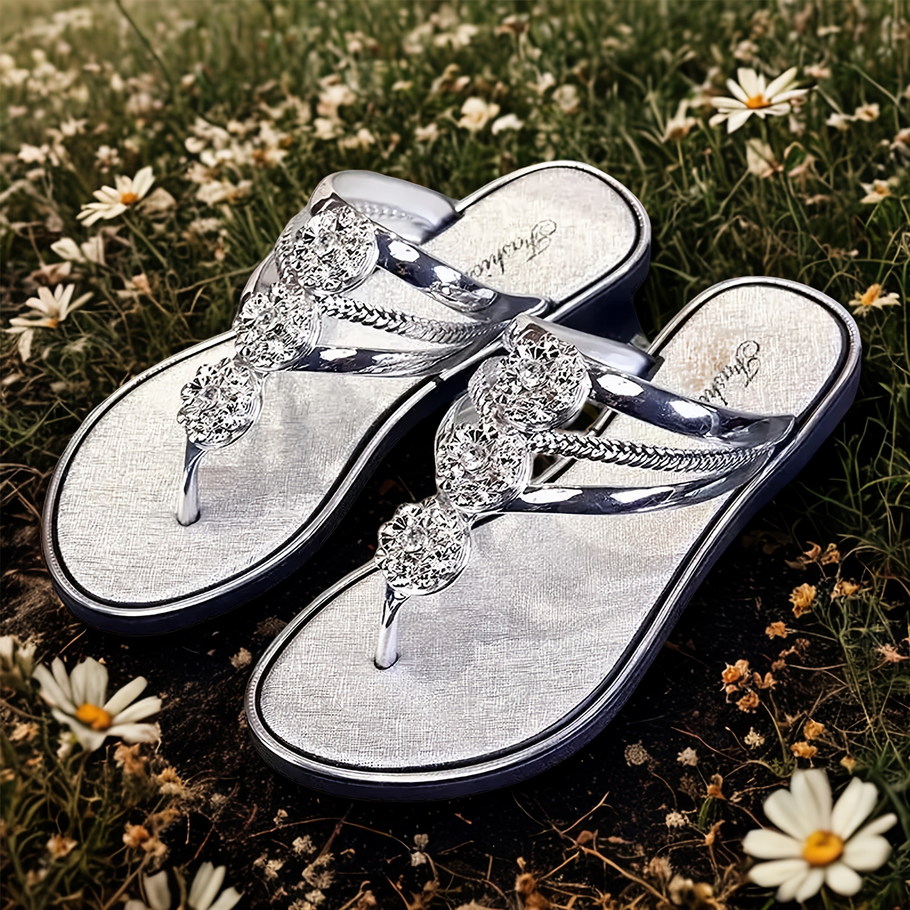 Women's Open Toe Rhinestone Flat Sandals for Beach and Casual Wear