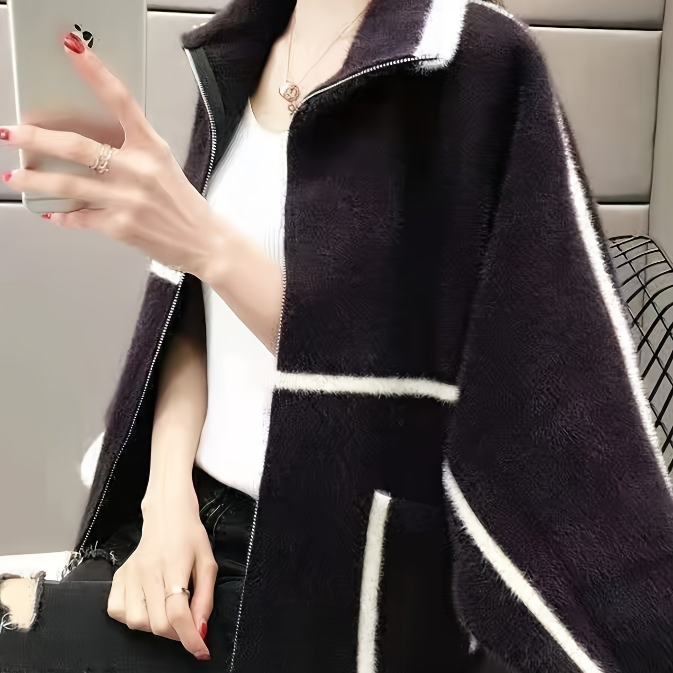 Women's Red Polyester Knit Cardigan with Hooded Zip-Up Jacket and Contrast Trim