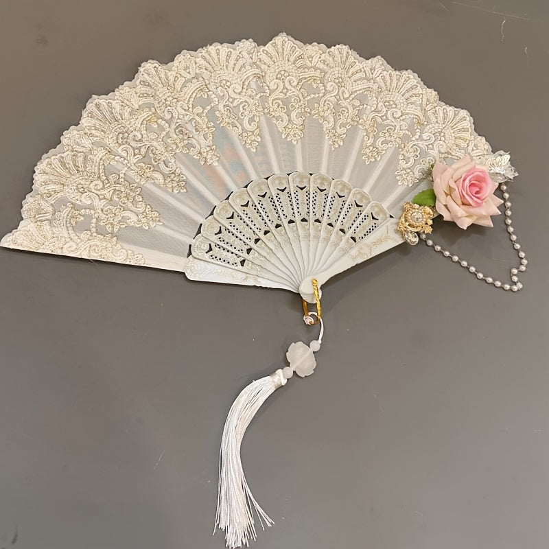 Golden Foil Folding Fan with Baroque Rose Design and Tassel for Women