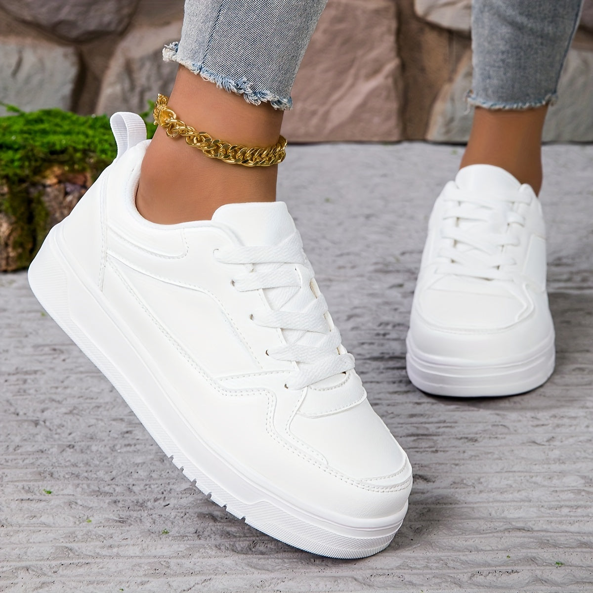 Women's White Casual Low-Top Sneakers with EVA Insole and Breathable PU Cover
