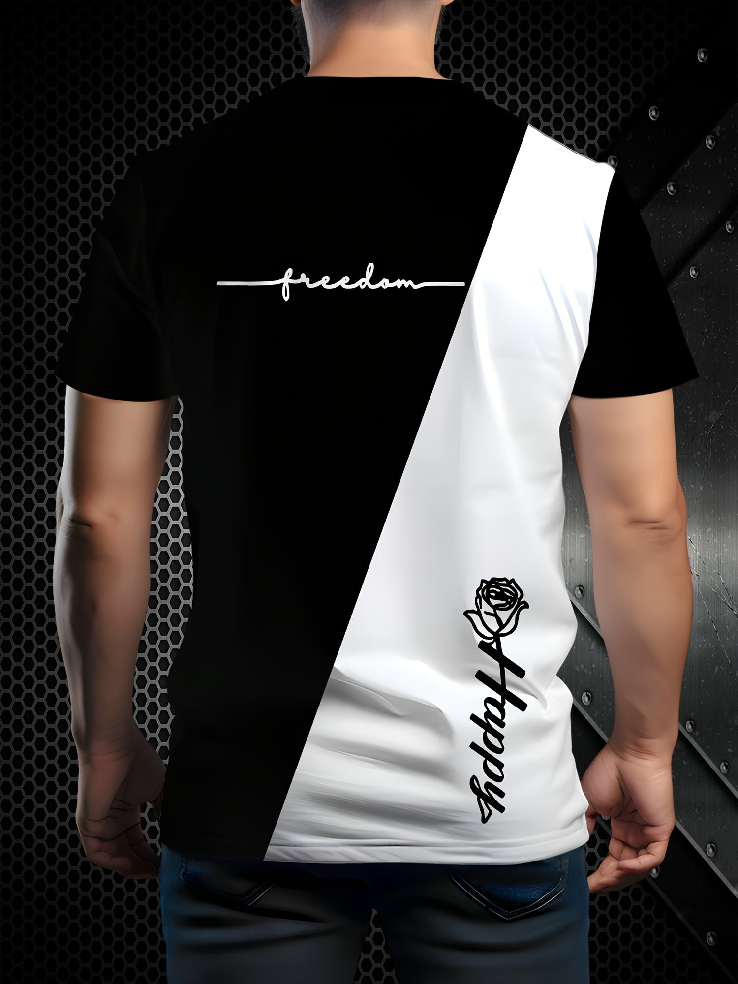 Erkaklar uchun atirgul naqshli rangli blokli futbolka - tasodifiy uslub uchun mukammal sovg'a.