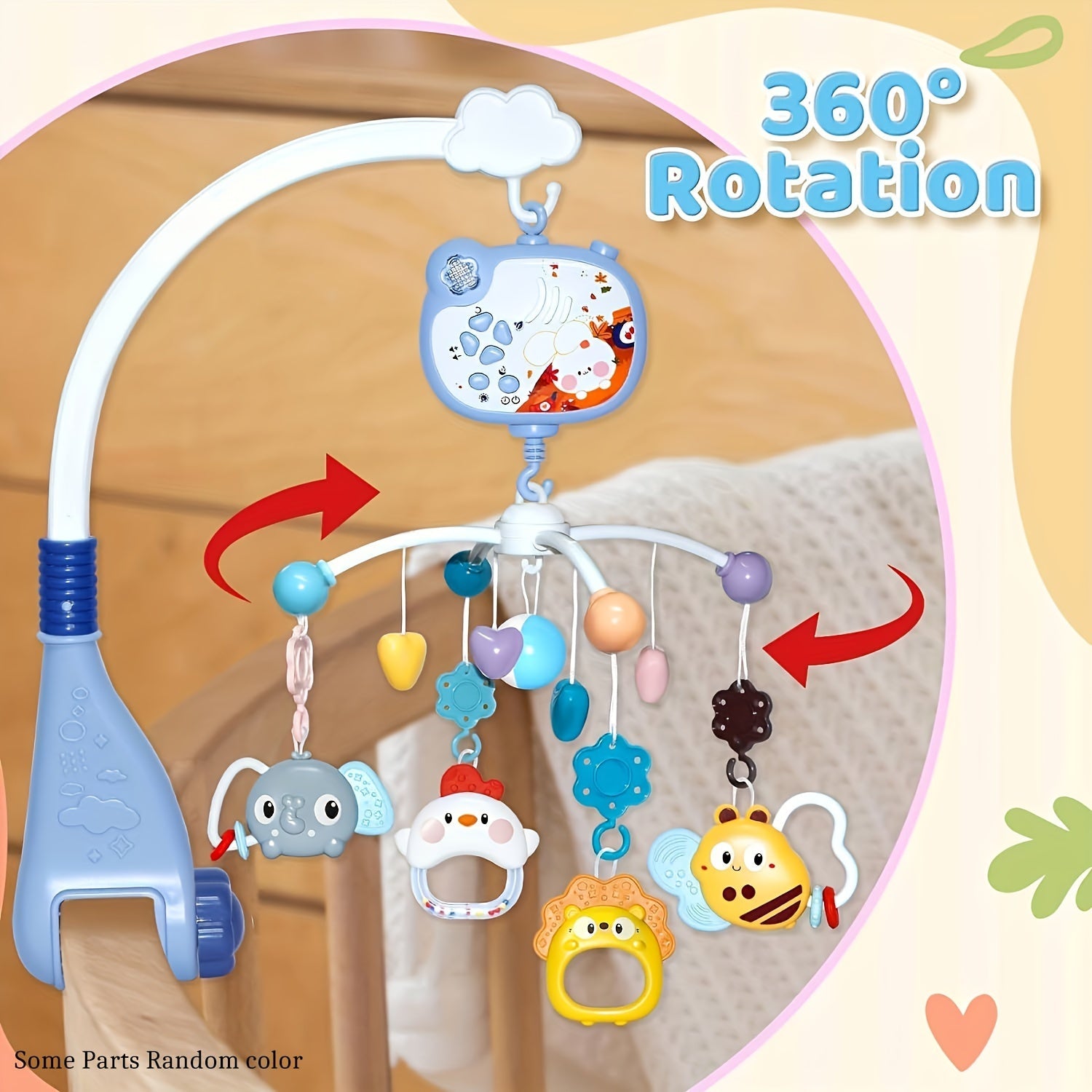 Pink Baby Crib Mobile with Music Night Lights and Remote Rotation